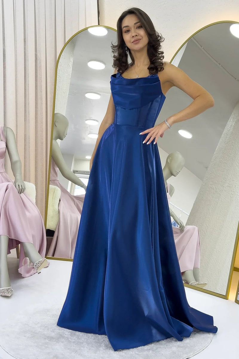 Women's Navy Blue Strapless Corset Detail Boncuklu Open Back Evening Gown