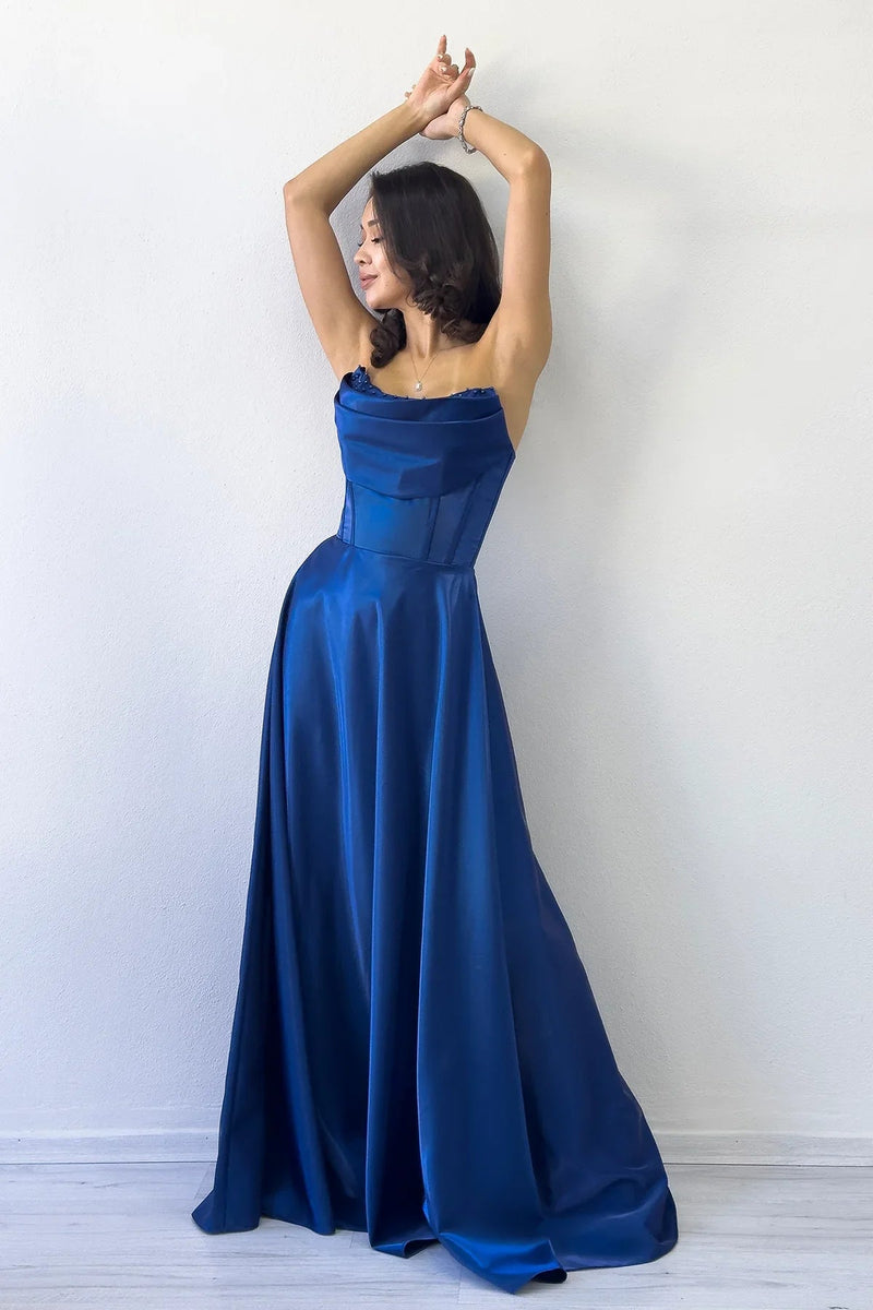 Women's Navy Blue Strapless Corset Detail Boncuklu Open Back Evening Gown
