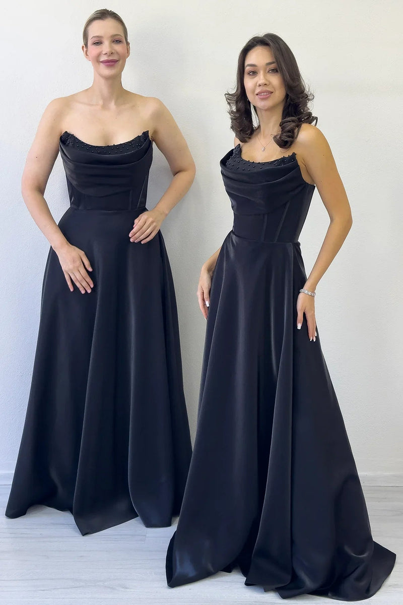 Women's Black Strapless Corset Detail Boncuklu Open Back Evening Gown