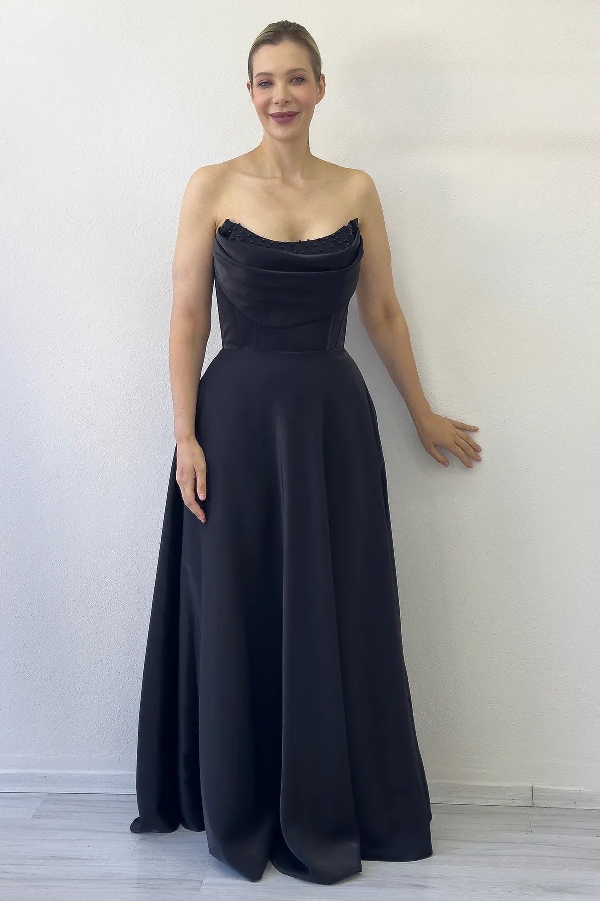 Women's Black Strapless Corset Detail Boncuklu Open Back Evening Gown