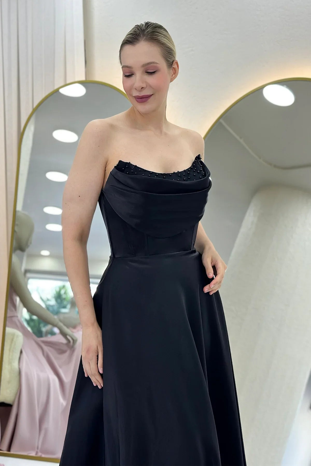 Women's Black Strapless Corset Detail Boncuklu Open Back Evening Gown