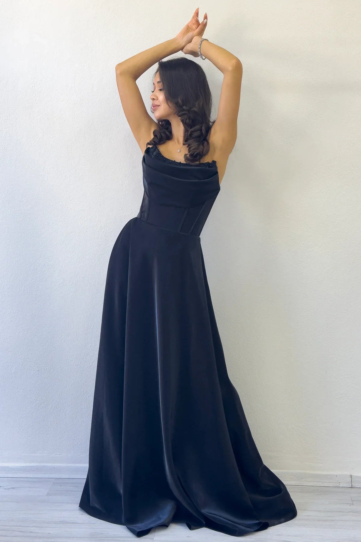 Women's Black Strapless Corset Detail Boncuklu Open Back Evening Gown