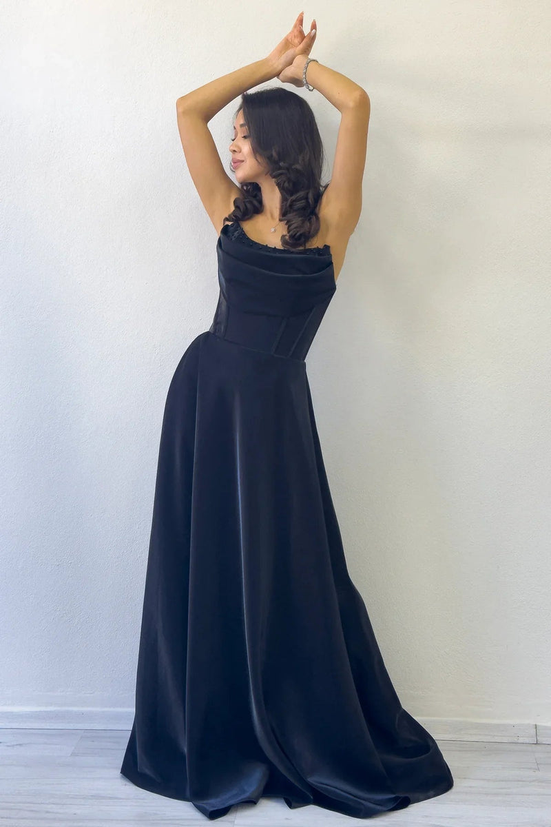 Women's Black Strapless Corset Detail Boncuklu Open Back Evening Gown