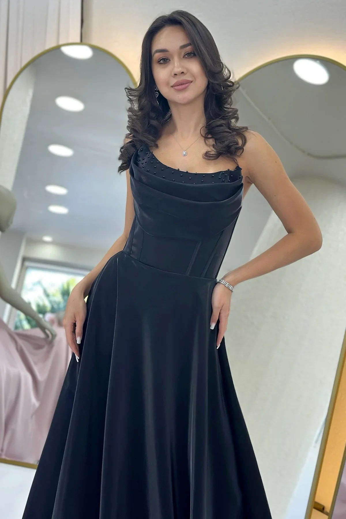 Women's Black Strapless Corset Detail Boncuklu Open Back Evening Gown