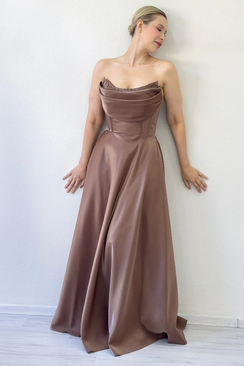 Women's Tan Strapless Corset Detail Boncuklu Open Back Evening Gown