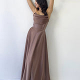 Tan Strapless Maxi Satin Evening Dress