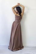 Tan Strapless Maxi Satin Evening Dress