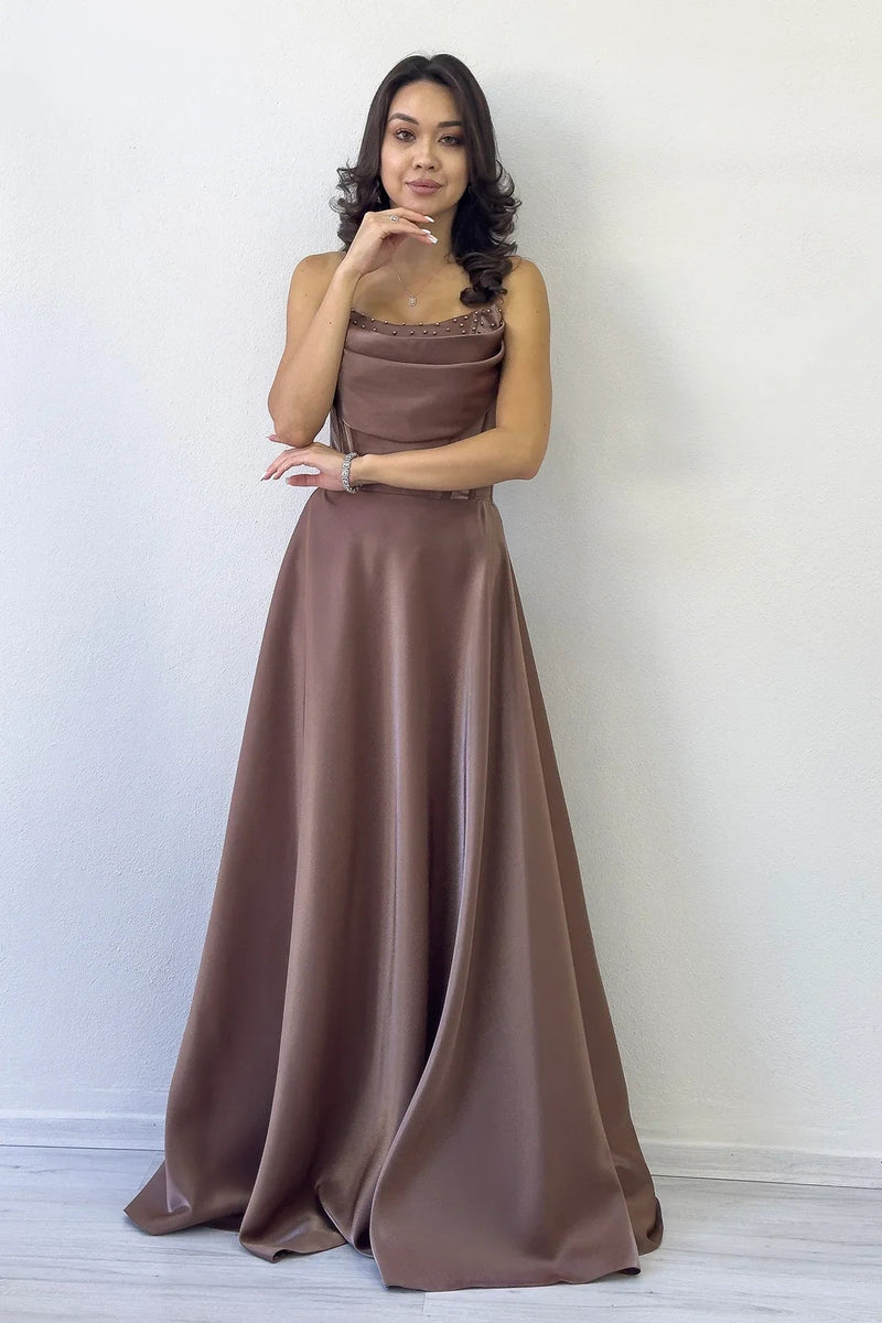 Women's Tan Strapless Corset Detail Boncuklu Open Back Evening Gown