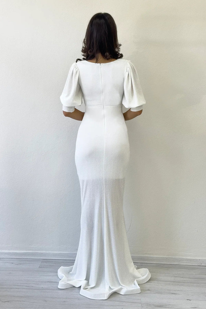 Women's White Balloon Sleeve Glitter Draped Volan Detail Mermaid Evening Gown