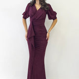 Burgundy Glitter Fabric Maxi Evening Dress