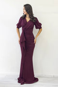 Burgundy Glitter Fabric Maxi Evening Dress