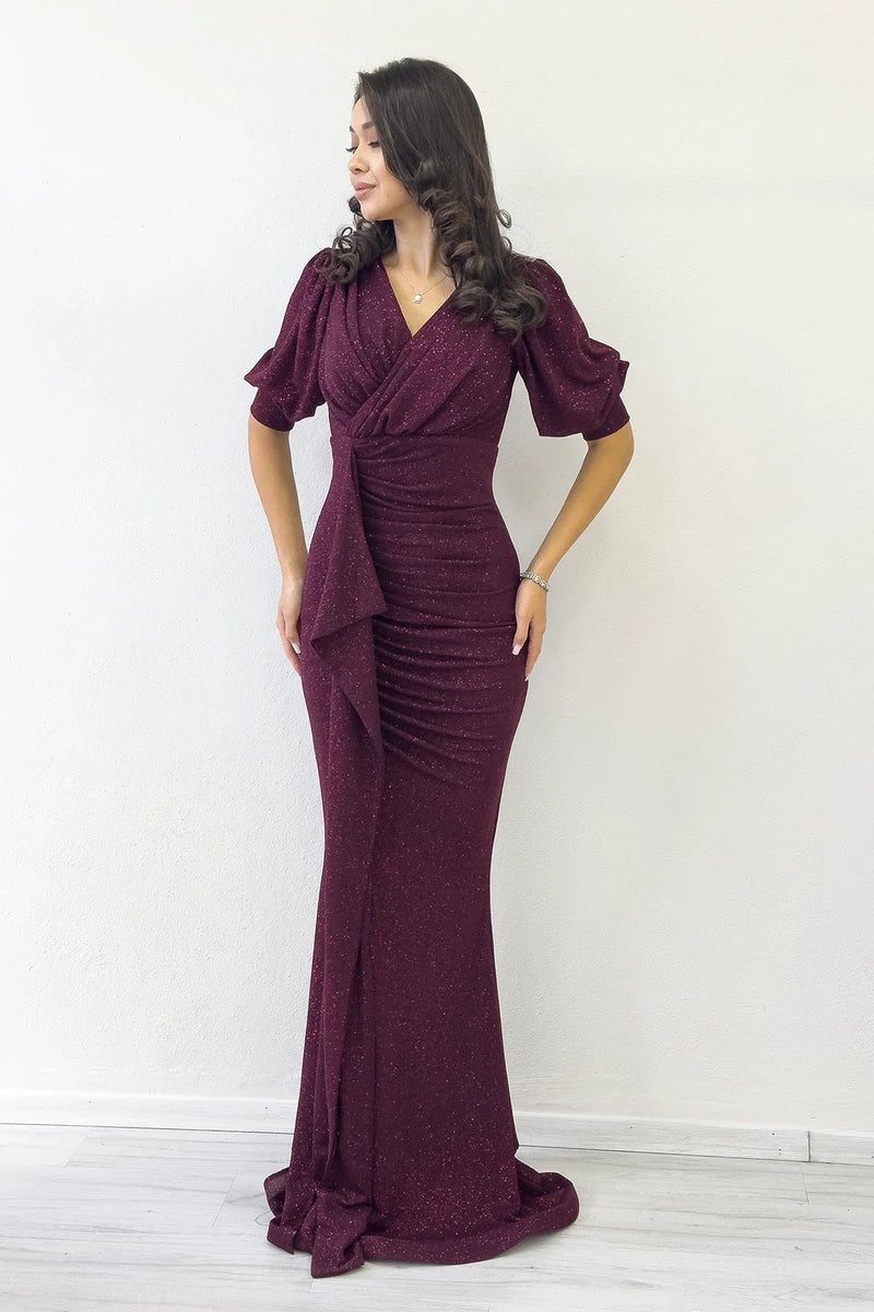 Women's Burgundy Balloon Sleeve Glitter Draped Volan Detail Mermaid Evening Gown