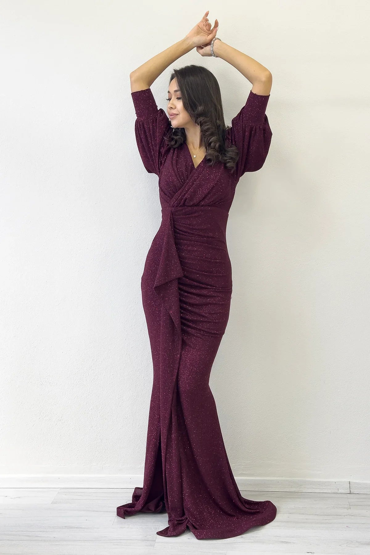 Women's Burgundy Balloon Sleeve Glitter Draped Volan Detail Mermaid Evening Gown