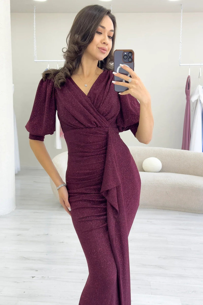 Women's Burgundy Balloon Sleeve Glitter Draped Volan Detail Mermaid Evening Gown