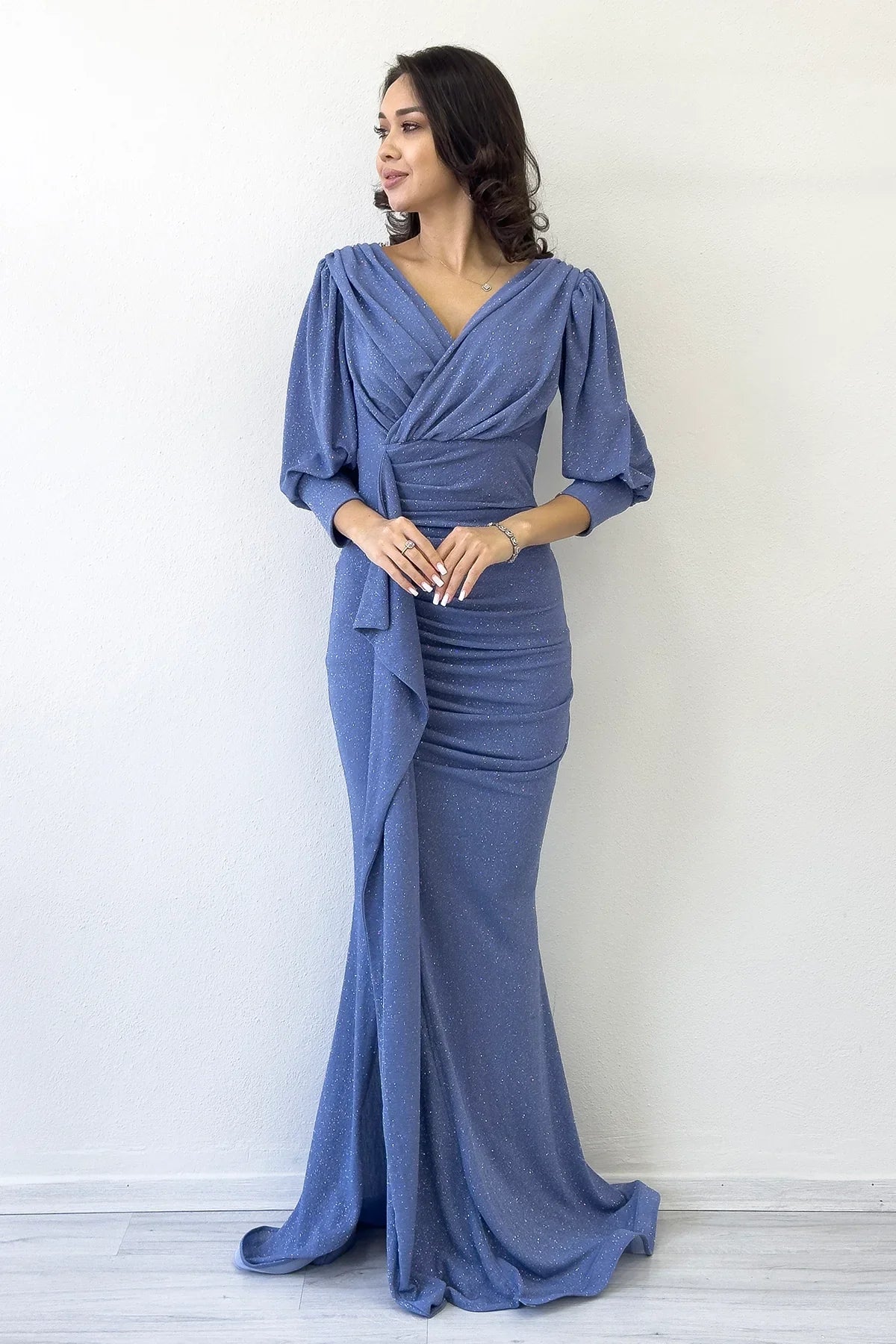 Women's Indigo Balloon Sleeve Glitter Draped Volan Detail Mermaid Evening Gown