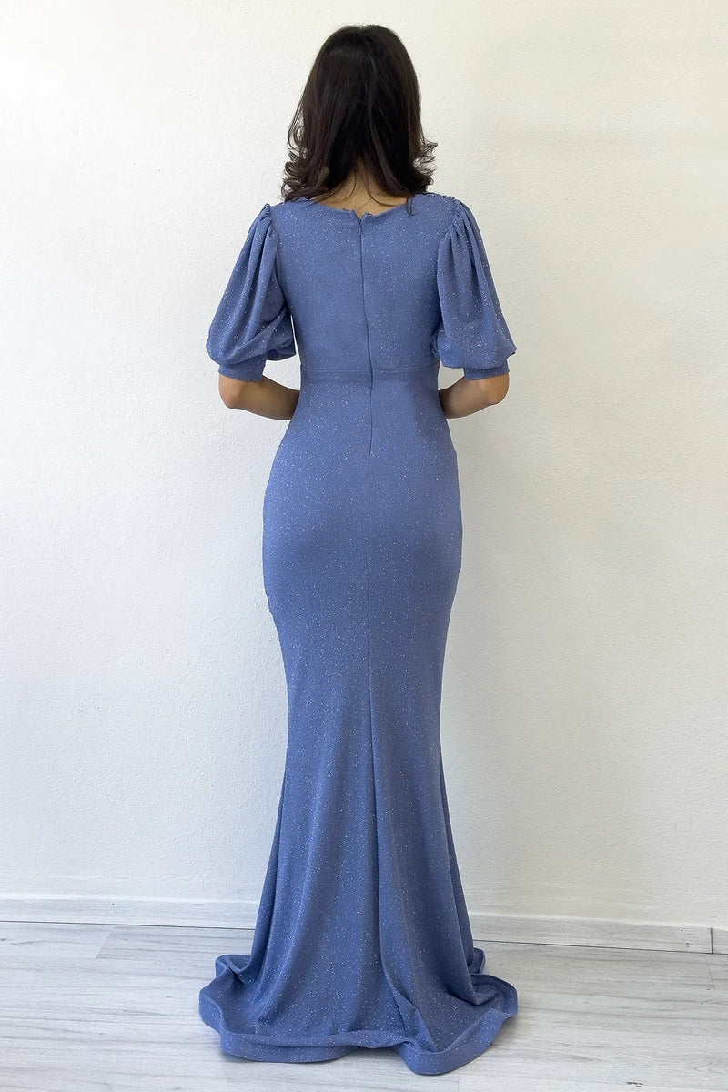 Women's Indigo Balloon Sleeve Glitter Draped Volan Detail Mermaid Evening Gown