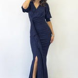 Navy Blue Glitter Fabric Maxi Evening Dress