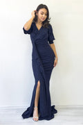 Navy Blue Glitter Fabric Maxi Evening Dress