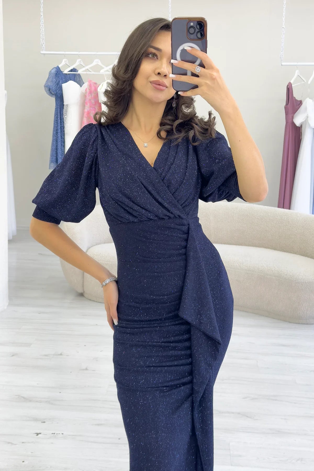 Women's Navy Blue Balloon Sleeve Glitter Draped Volan Detail Mermaid Evening Gown