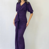 Purple Glitter Fabric Maxi Evening Dress
