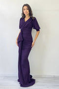 Purple Glitter Fabric Maxi Evening Dress