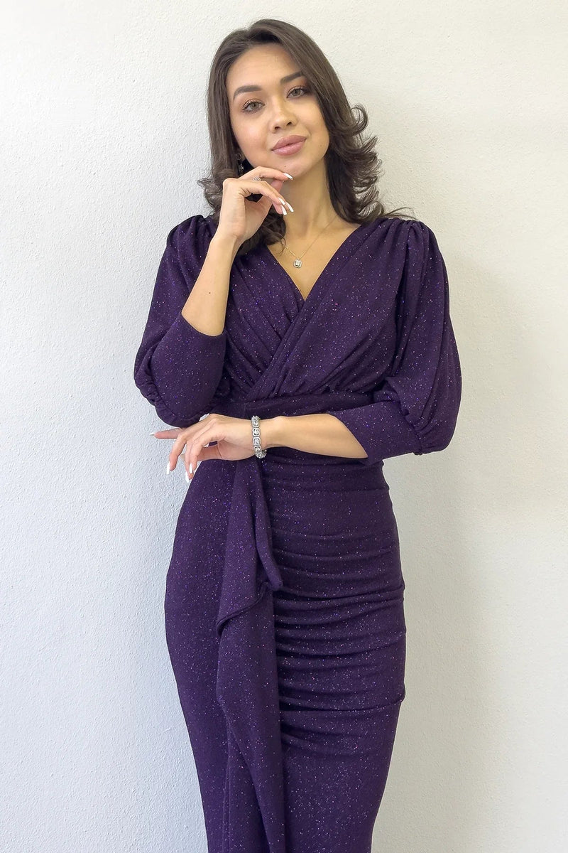 Women's Purple Balloon Sleeve Glitter Draped Volan Detail Mermaid Evening Gown