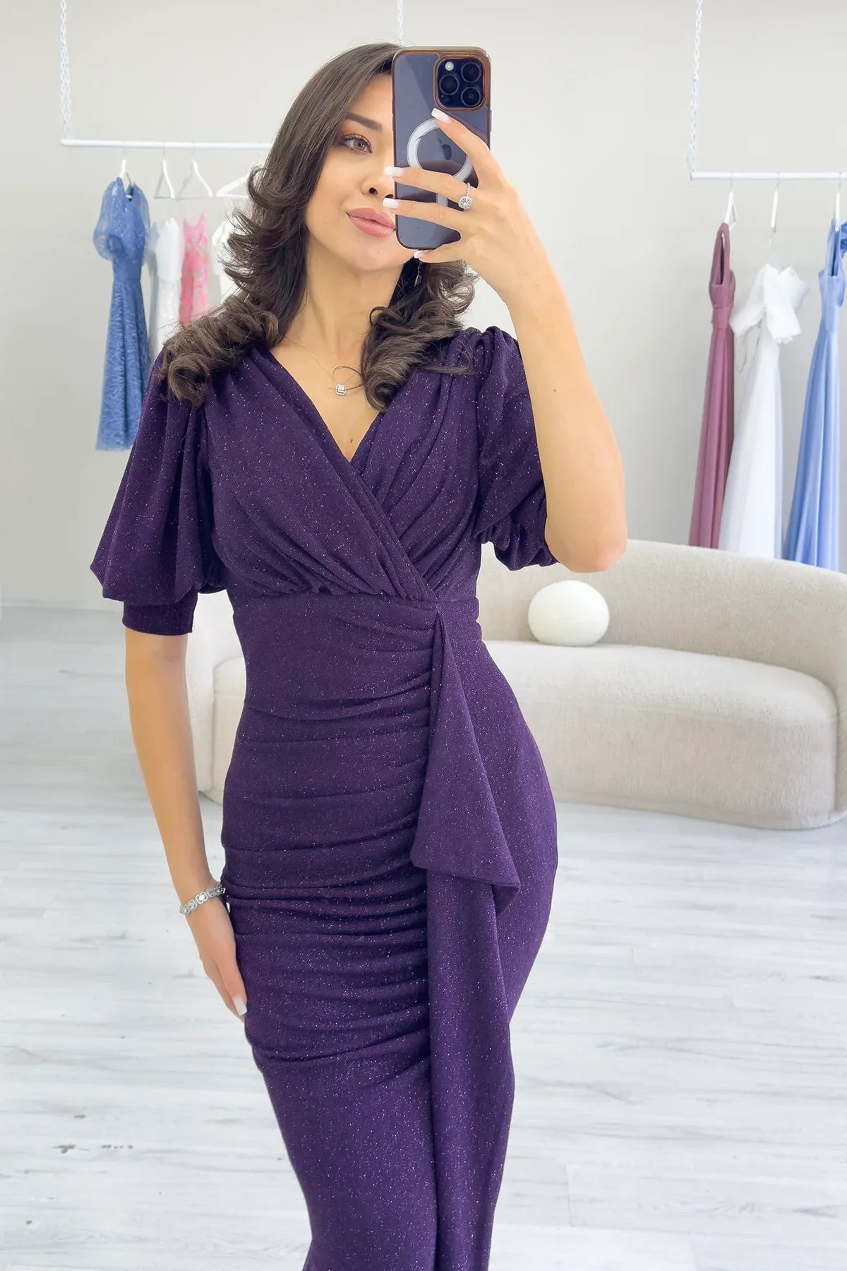 Women's Purple Balloon Sleeve Glitter Draped Volan Detail Mermaid Evening Gown