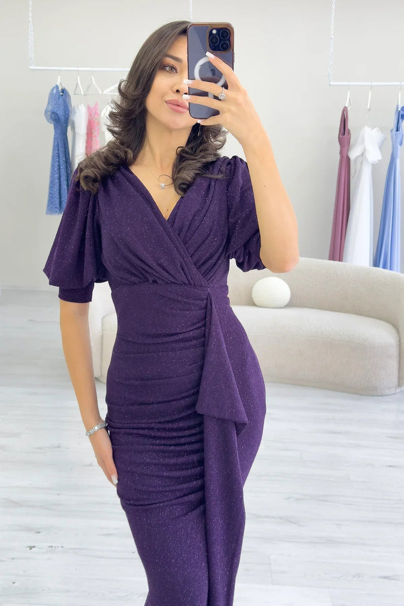 Women's Purple Balloon Sleeve Glitter Draped Volan Detail Mermaid Evening Gown