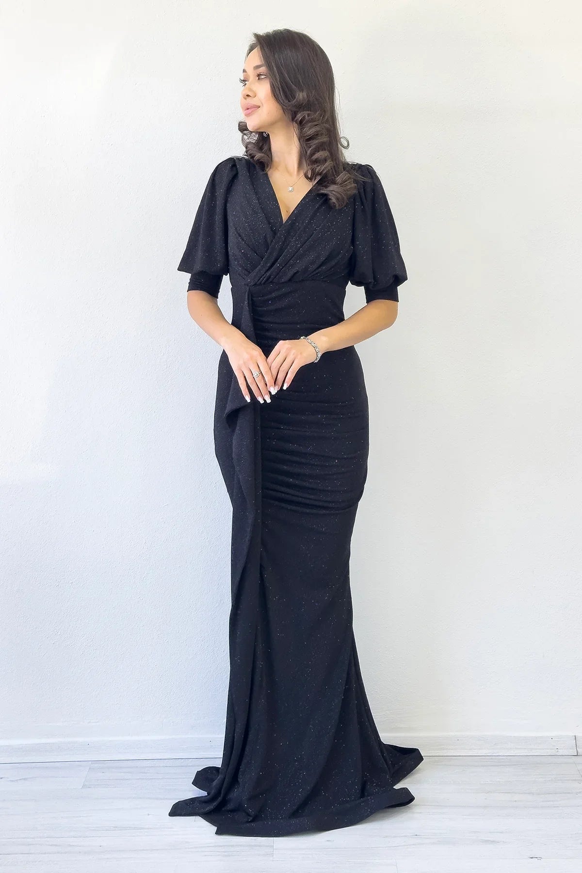 Women's Black Balloon Sleeve Glitter Draped Volan Detail Mermaid Evening Gown