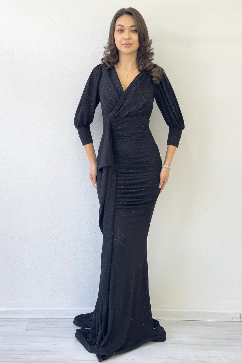 Women's Black Balloon Sleeve Glitter Draped Volan Detail Mermaid Evening Gown