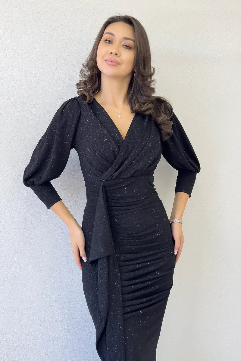 Women's Black Balloon Sleeve Glitter Draped Volan Detail Mermaid Evening Gown