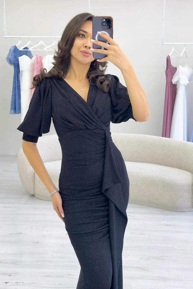 Women's Black Balloon Sleeve Glitter Draped Volan Detail Mermaid Evening Gown