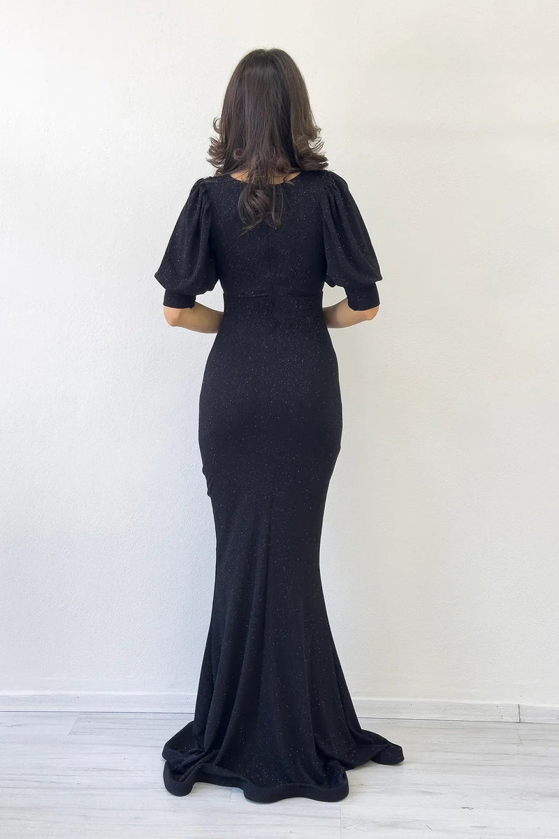 Women's Black Balloon Sleeve Glitter Draped Volan Detail Mermaid Evening Gown