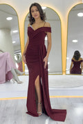 Burgundy Glitter Fabric Maxi Evening Dress