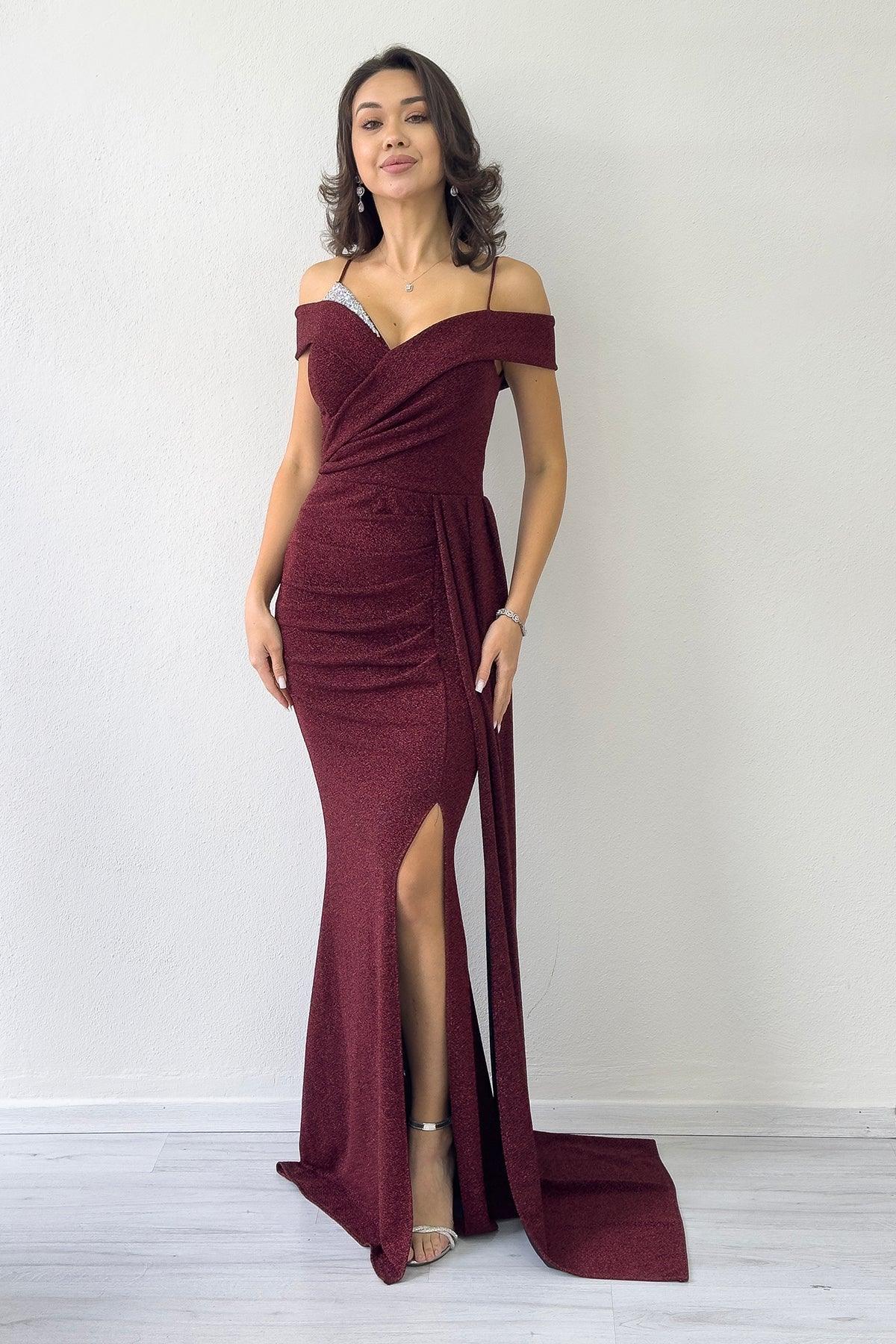 Women's Burgundy Strap Off-Shoulder Crystal Embellished Slit Evening Gown