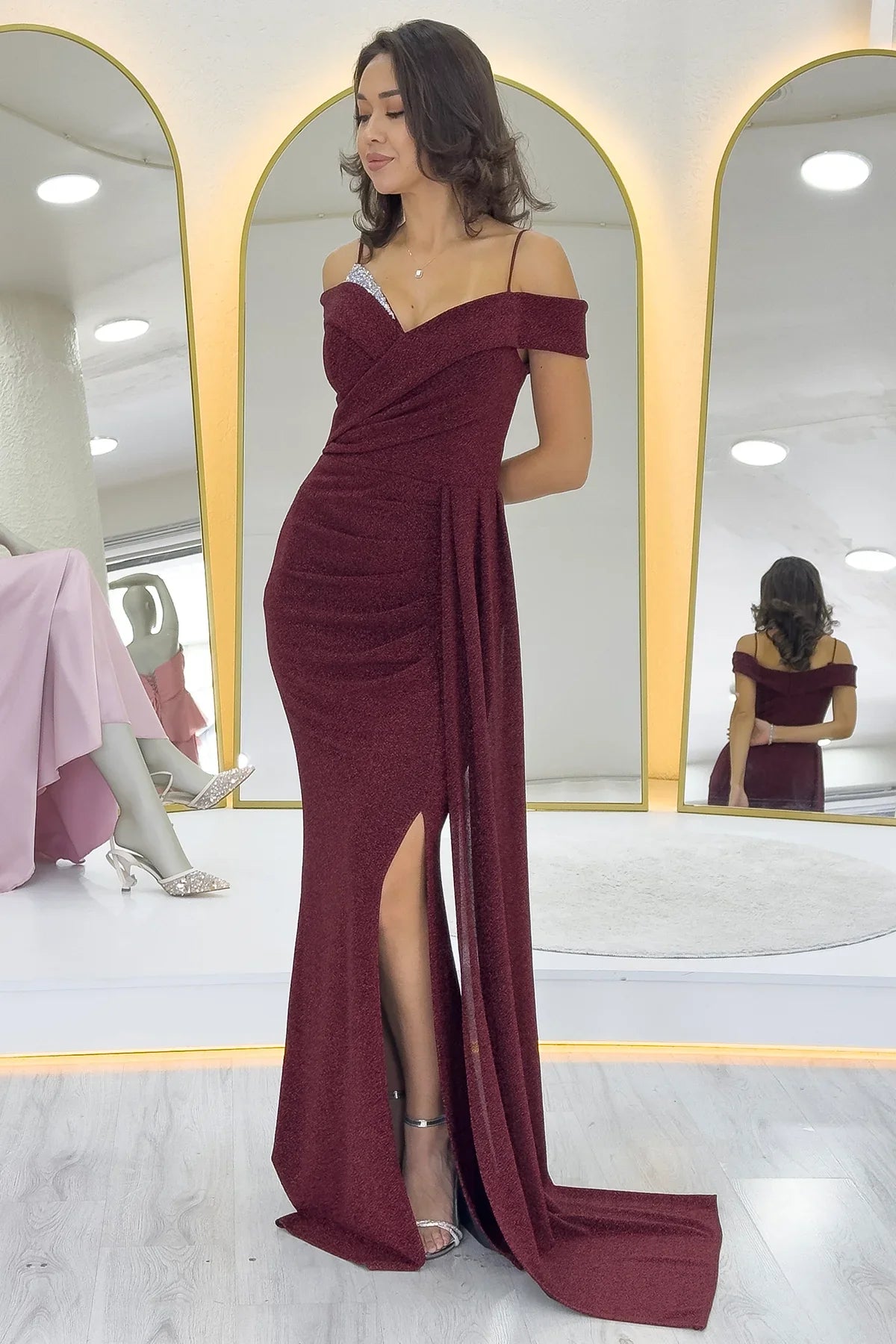 Women's Burgundy Strap Off-Shoulder Crystal Embellished Slit Evening Gown