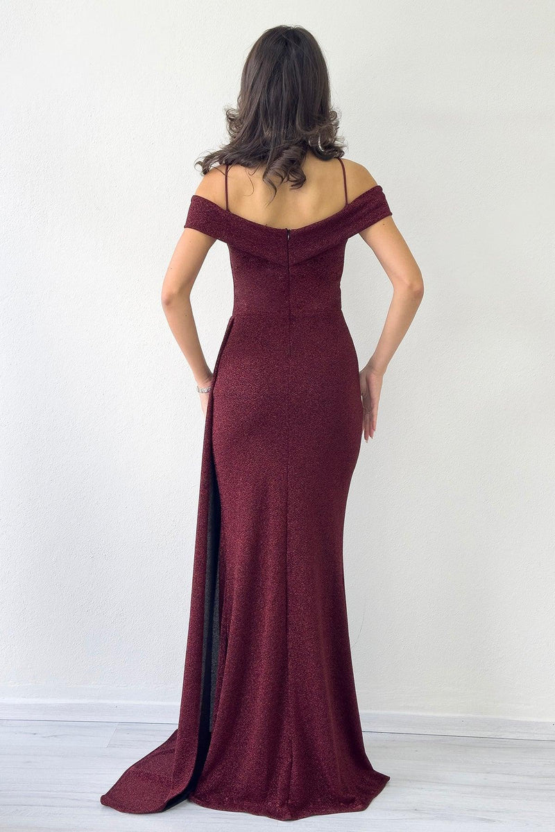 Women's Burgundy Strap Off-Shoulder Crystal Embellished Slit Evening Gown