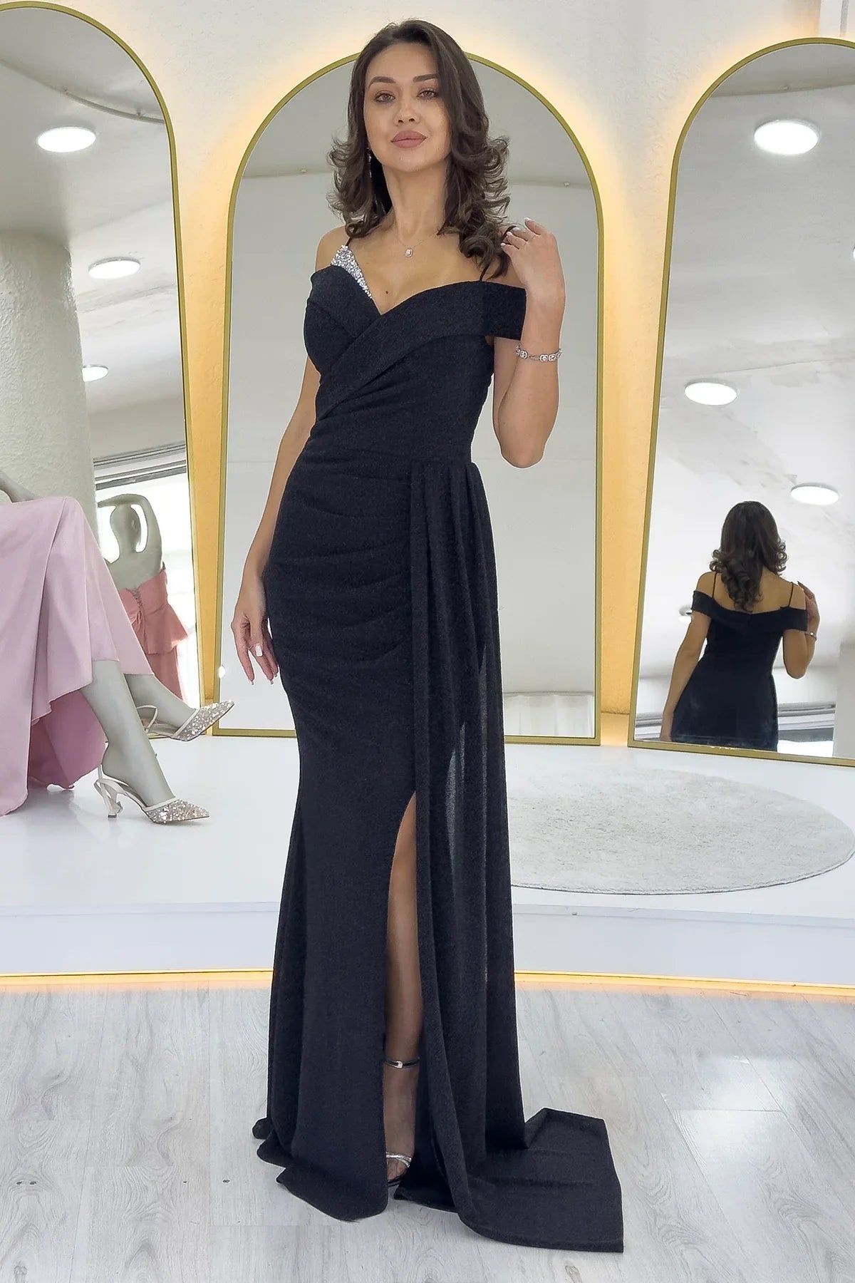 Women's Black Glitter Strap Off-Shoulder Crystal Embellished Slit Evening Gown
