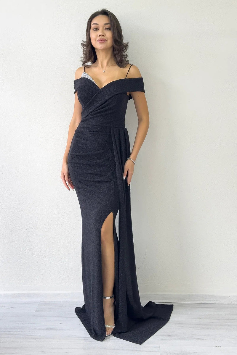 Women's Black Glitter Strap Off-Shoulder Crystal Embellished Slit Evening Gown