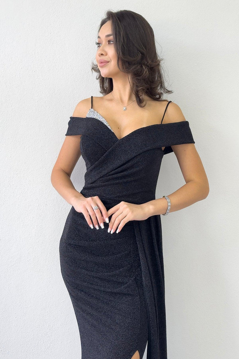 Women's Black Glitter Strap Off-Shoulder Crystal Embellished Slit Evening Gown