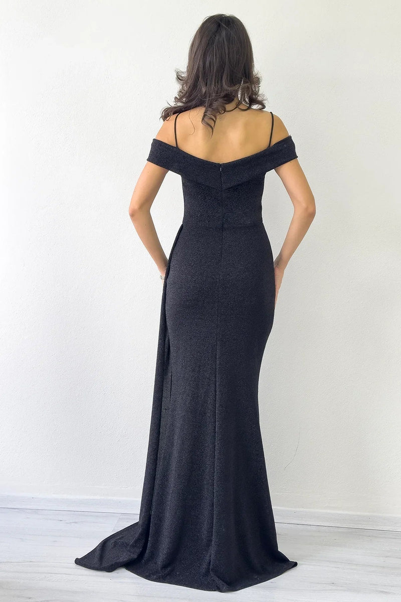 Women's Black Glitter Strap Off-Shoulder Crystal Embellished Slit Evening Gown