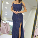 Navy Blue Strapless Beaded Slit Evening Dress