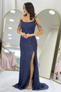 Navy Blue Strapless Beaded Slit Evening Dress