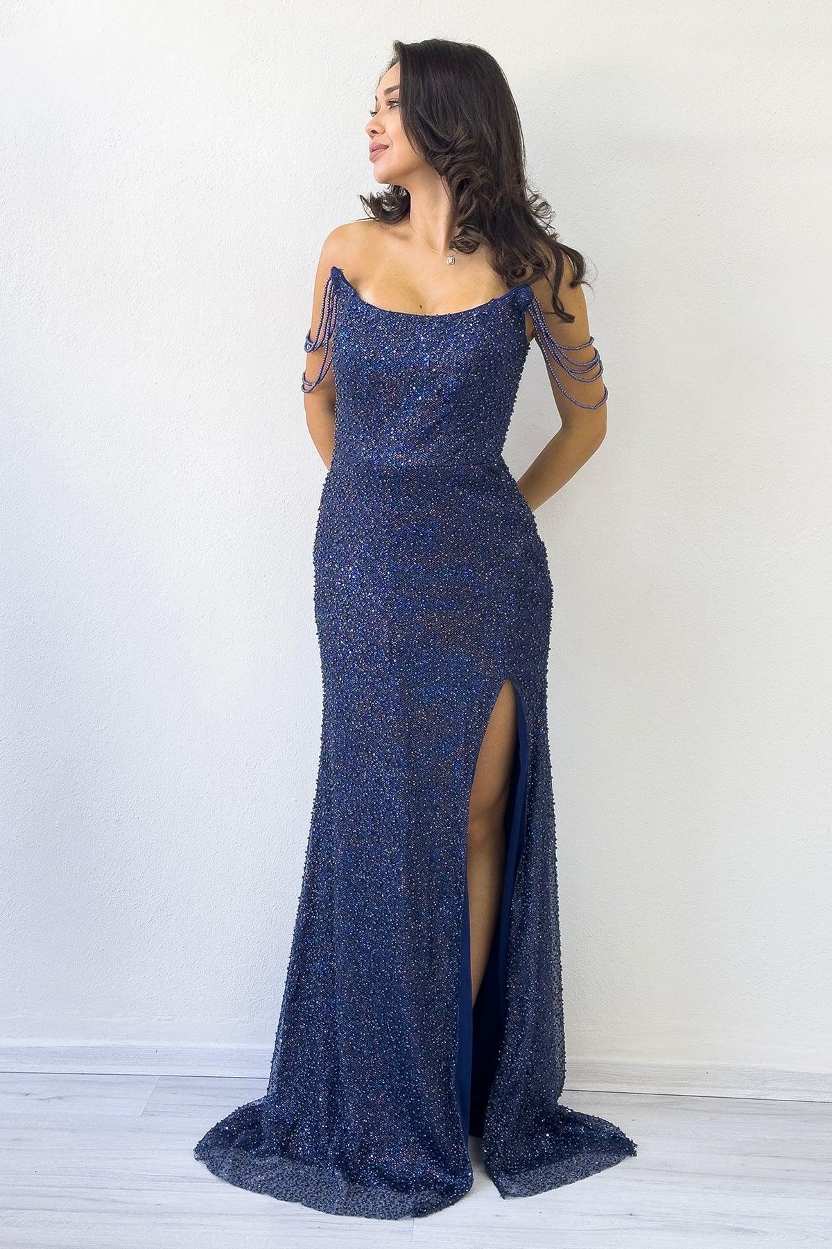 Women's Navy Blue Strapless Beaded Slit Evening Gown