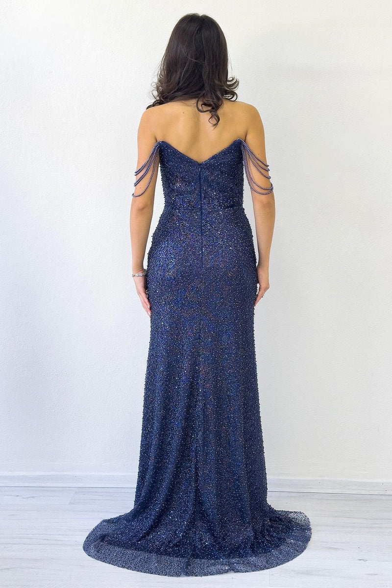 Women's Navy Blue Strapless Beaded Slit Evening Gown