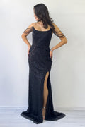 Black Strapless Beaded Slit Evening Dress