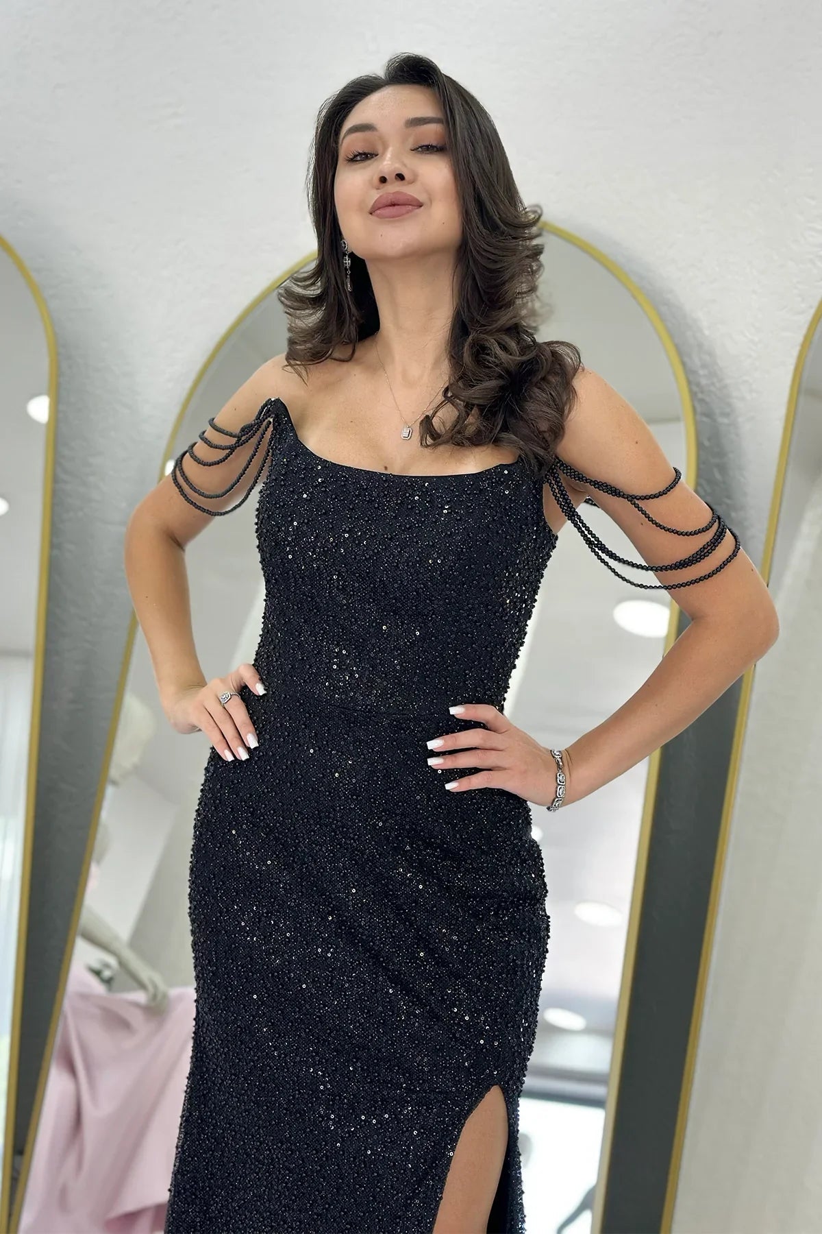 Women's Black Strapless Beaded Slit Evening Gown