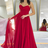Red Thin-Strapped Maxi Evening Dress with Slit