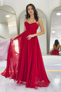 Red Thin-Strapped Maxi Evening Dress with Slit