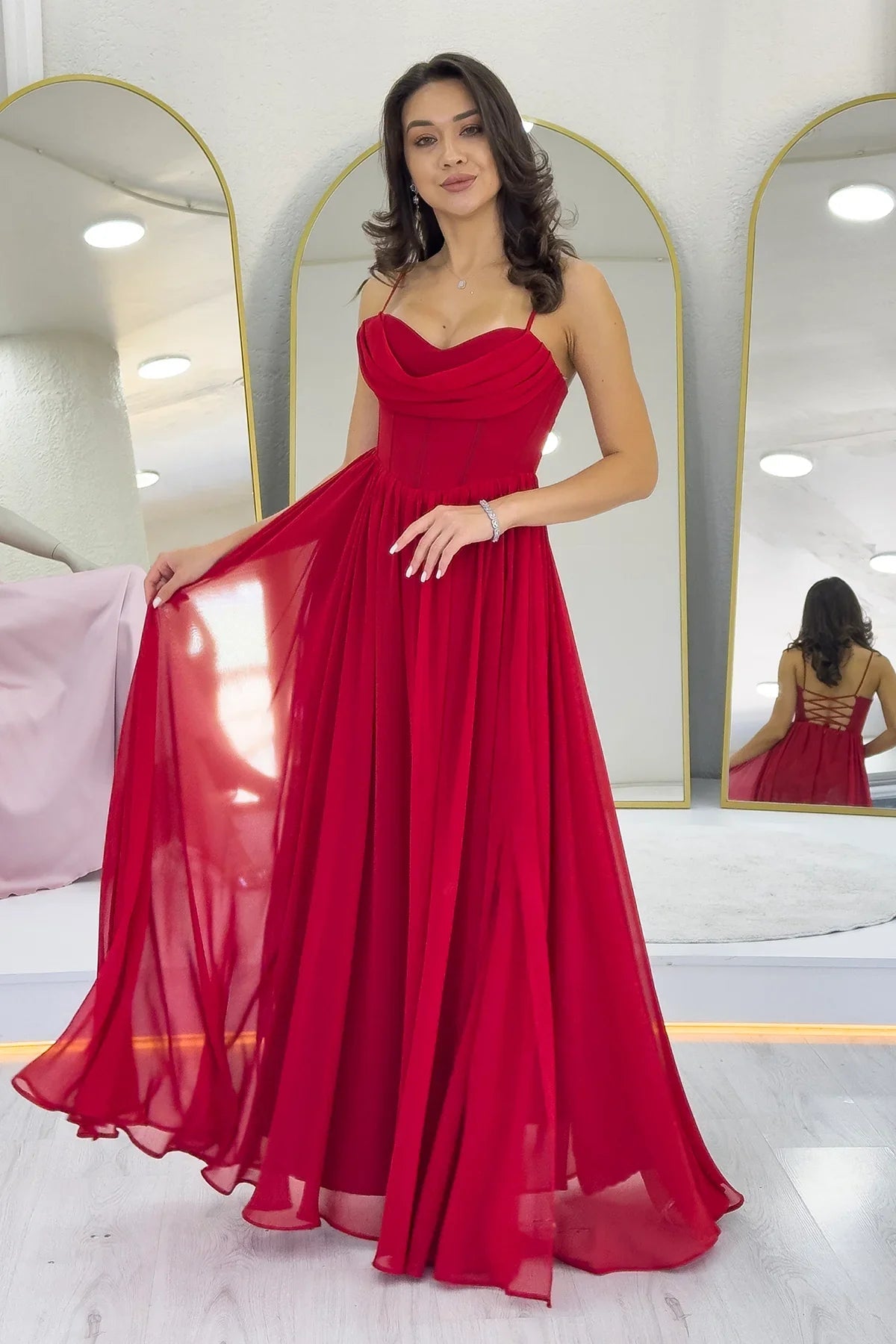 Women's Red Open Back Corset Detail Slit Chiffon Evening Gown